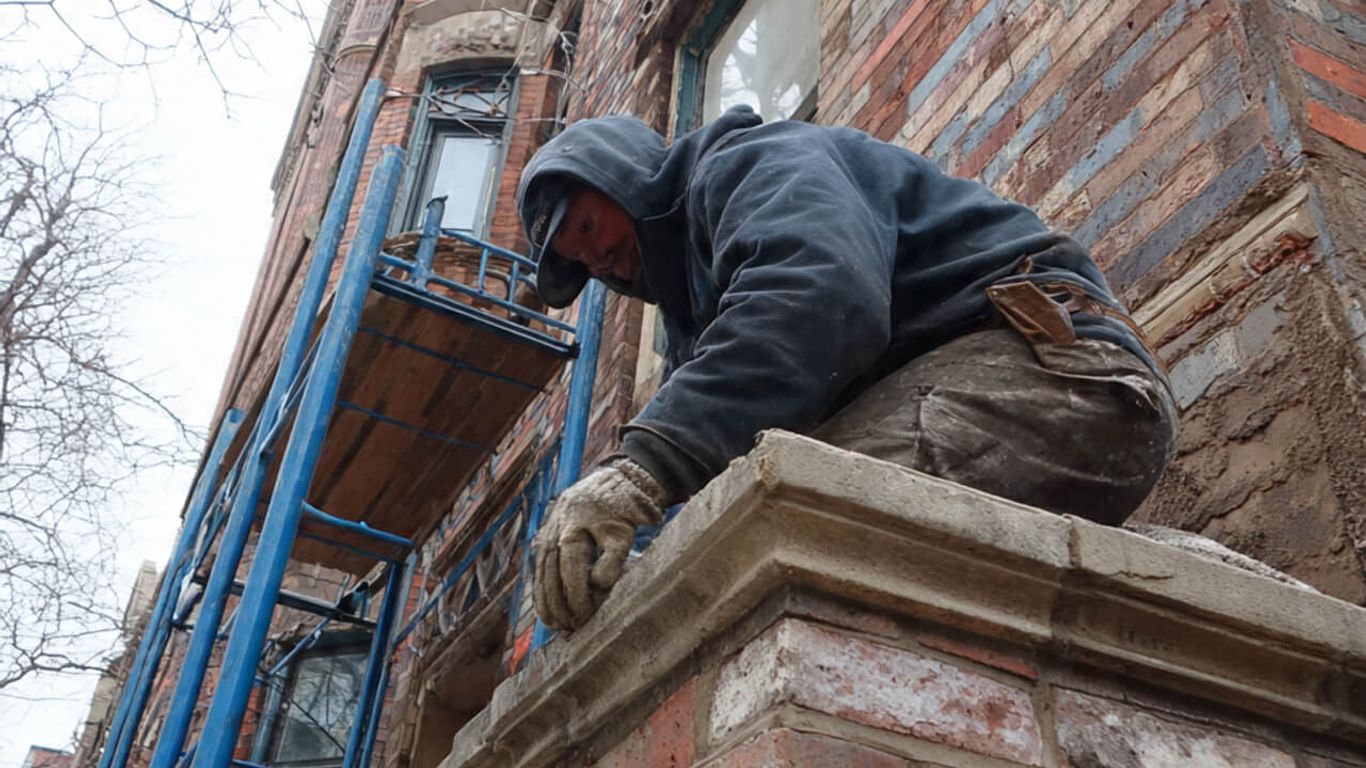 A person works on a brick building with scaffolding.