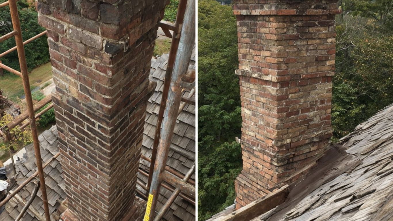Two images showing a brick chimney on a wooden roof.