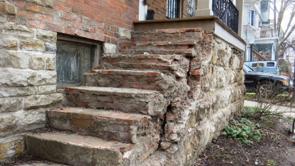 Damaged brick and stone stairs leading up to a porch.