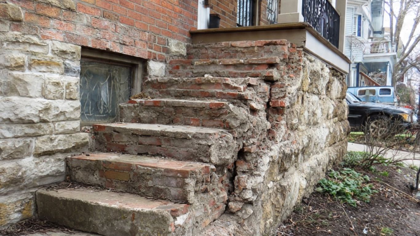 Damaged brick and stone stairs leading up to a porch.