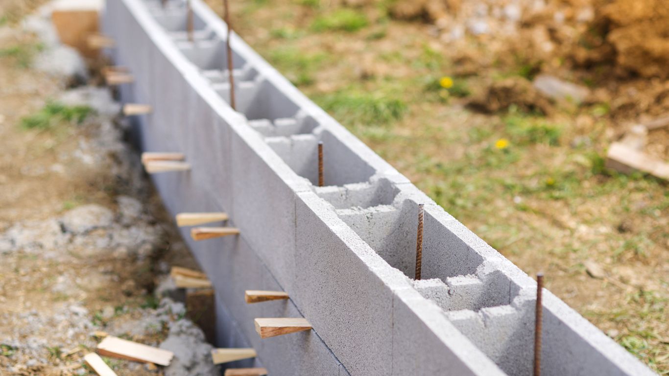 Construction of a concrete block wall with rebar reinforcement.