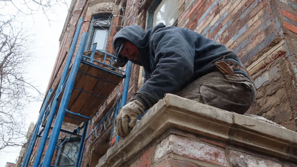 A person works on a brick building with scaffolding.