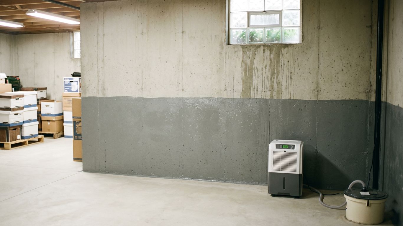 Basement with boxes, dehumidifier, and sump pump.