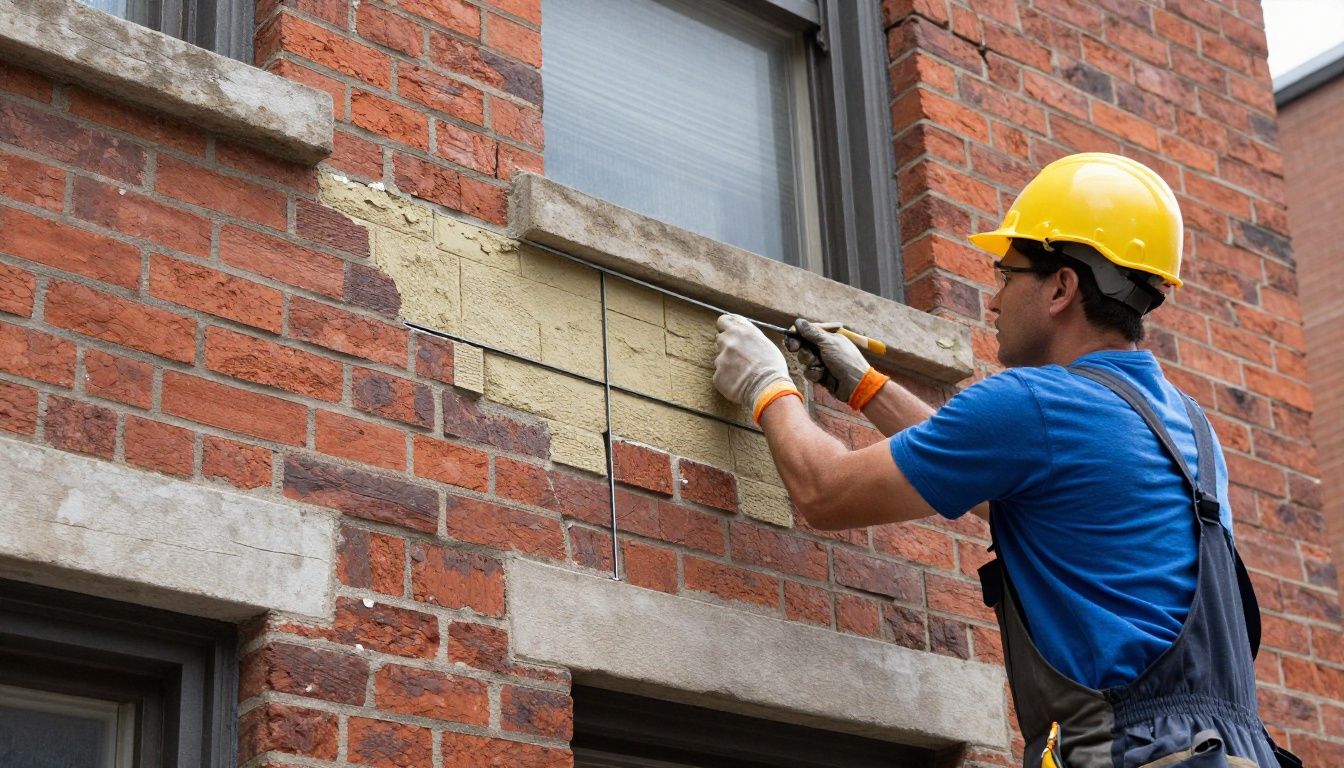 A professional masonry contractor performing expert tuckpointing on a historic Chicago brick building, showing clean mortar joints and high-quality craftsmanship.