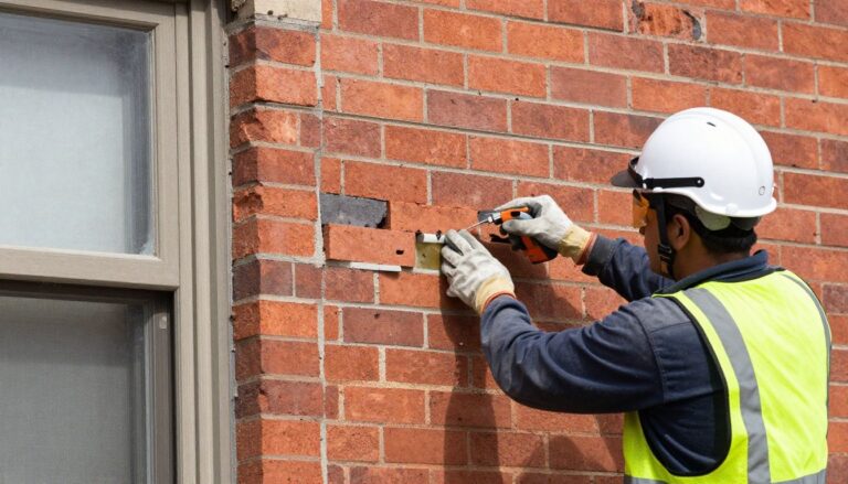 A professional brick mason in Chicago wearing safety gear performing precise brick repair and tuckpointing on a historic clay brick wall during a bright morning