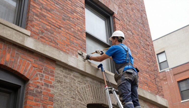 A professional Chicago masonry contractor performing detailed brick restoration on an historic building exterior.