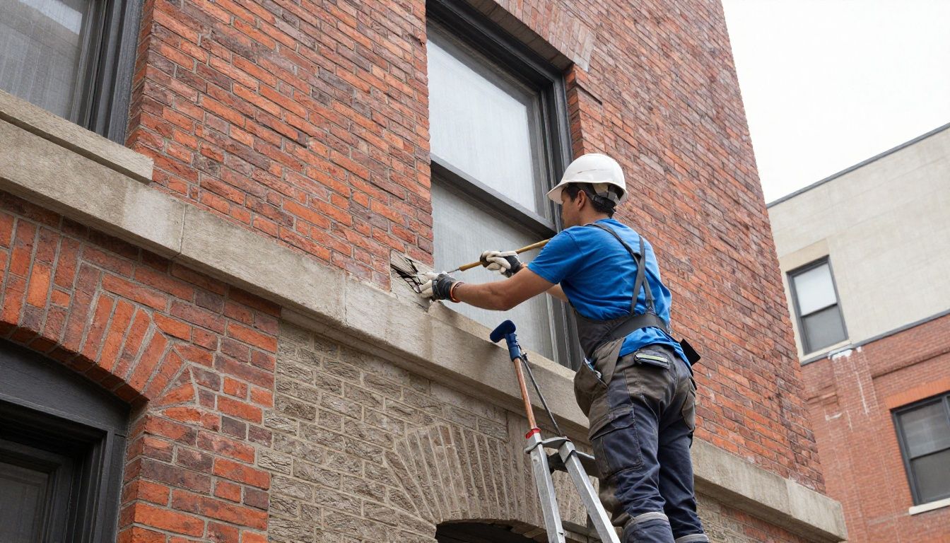 A professional Chicago masonry contractor performing detailed brick restoration on an historic building exterior.