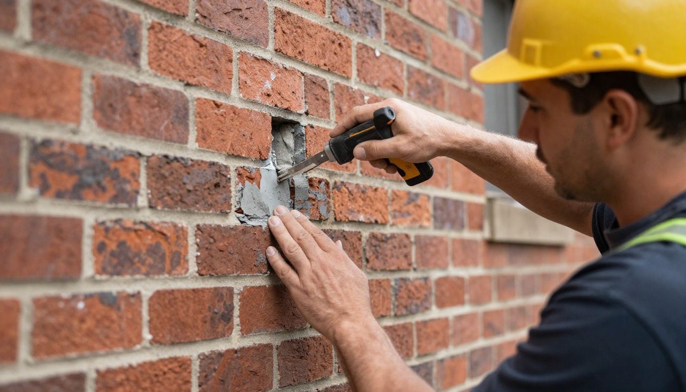 A professional Chicago mason carefully tuckpointing a historic brick wall, demonstrating precision and quality craftsmanship.