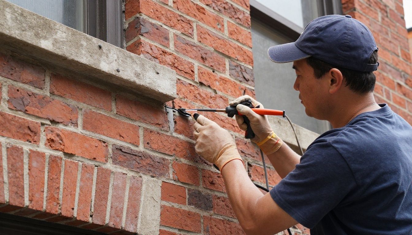 A professional mason performing high-quality tuckpointing on a historic Chicago brick building, showing clean mortar joints and expert craftsmanship.