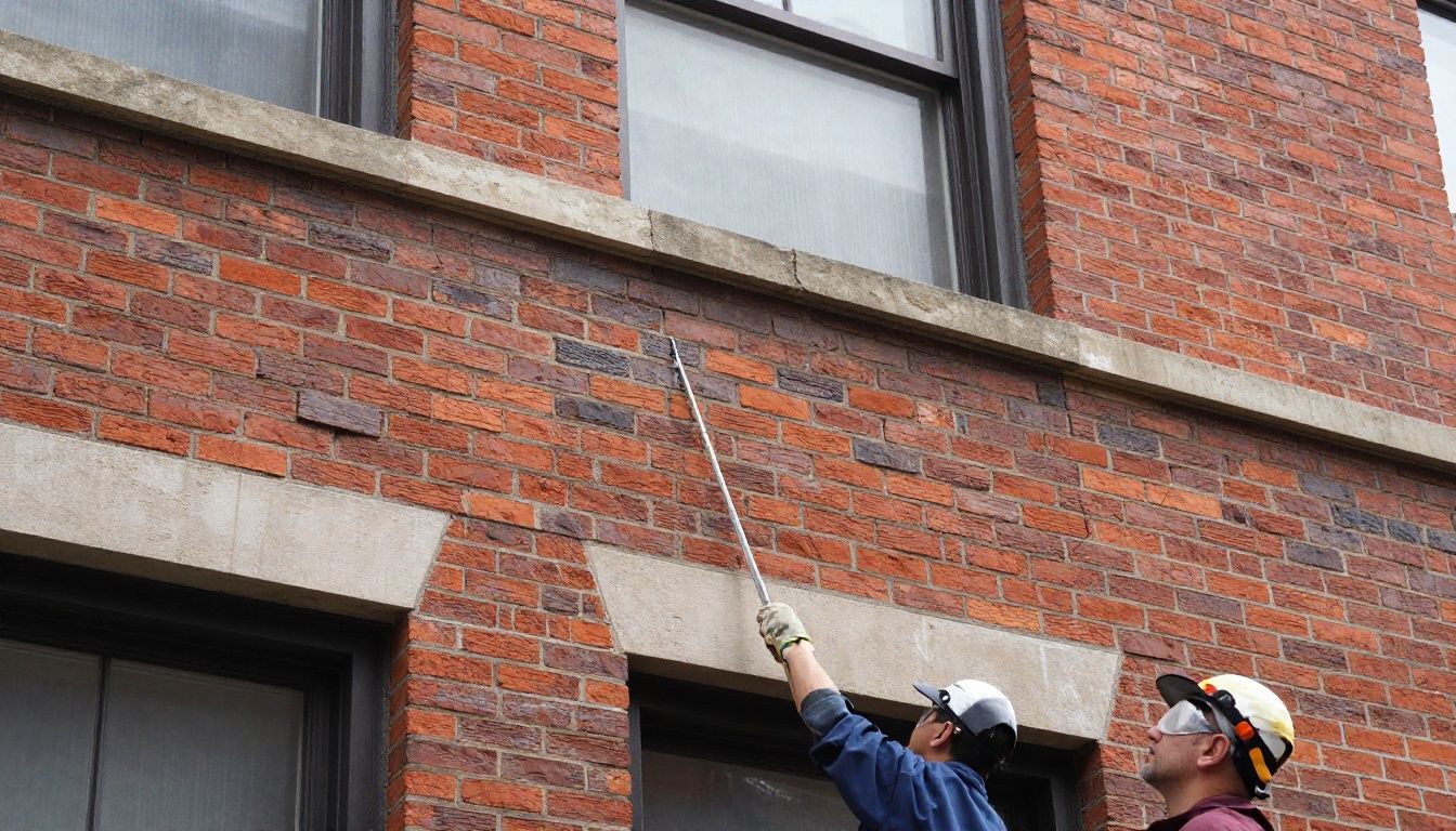 A professional masonry contractor performing high-quality tuckpointing on a historic Chicago brick building, showing clean mortar joints and restored structural integrity.