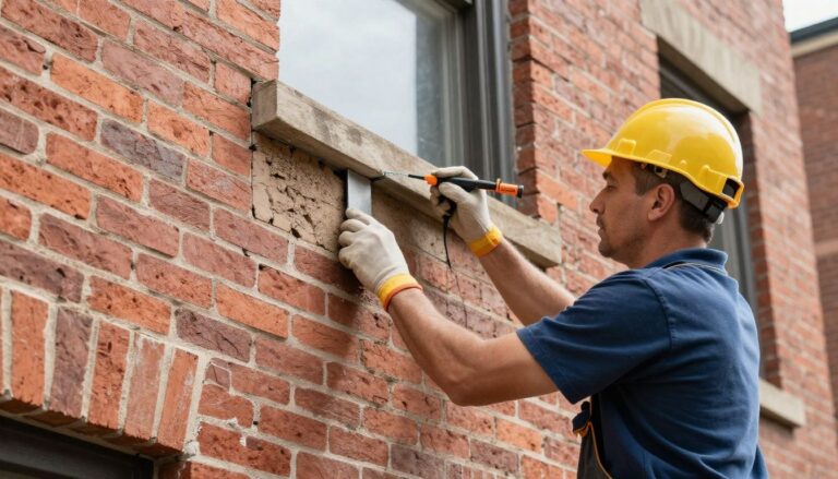 A professional Chicago masonry contractor performing meticulous tuckpointing on a historic brick building, clean and sharp, bright daylight, high quality representation of property protection.