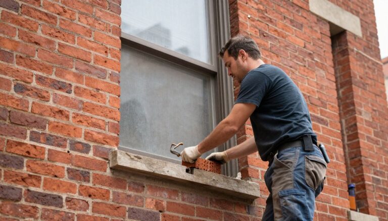 A professional brick mason in Chicago performing restoration work on an historic brick building, showcasing quality craftsmanship and precision.