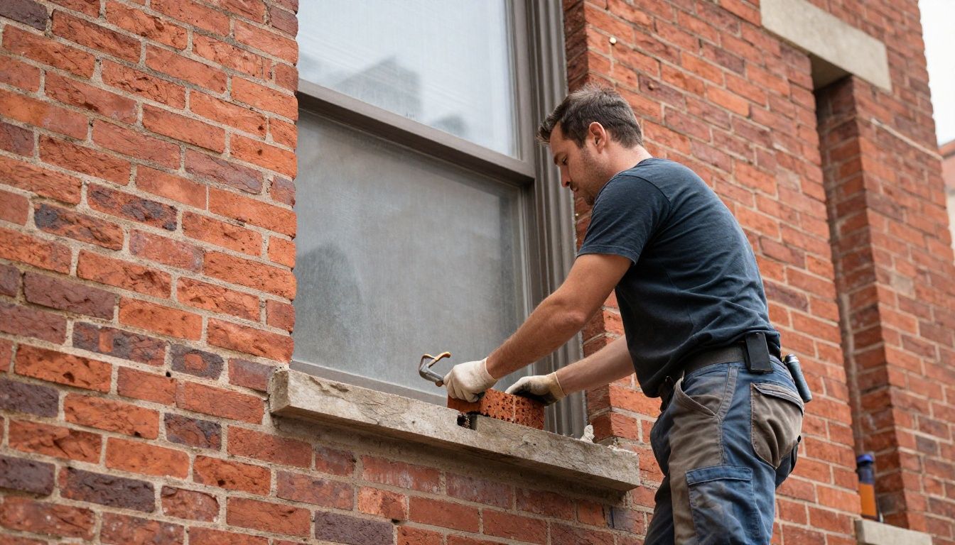 A professional brick mason in Chicago performing restoration work on an historic brick building, showcasing quality craftsmanship and precision.