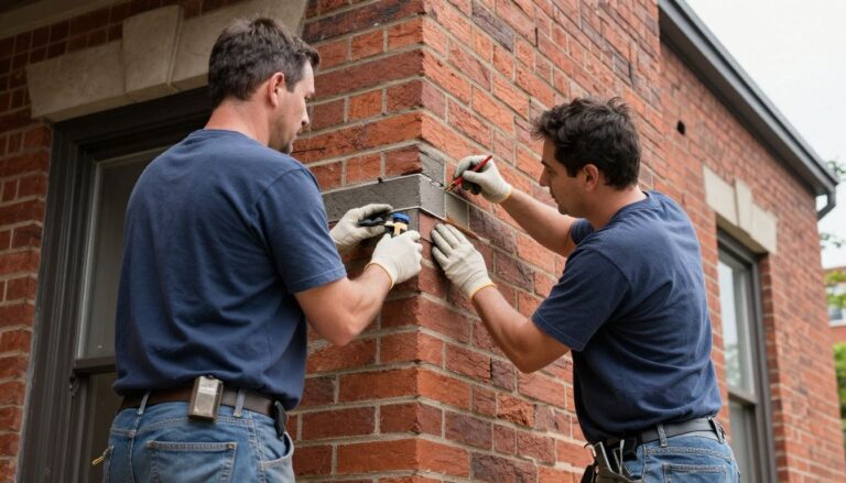 A professional residential masonry team in Chicago carefully performing high-quality tuckpointing on a classic brick building, demonstrating precision, structural care, and detailed craftsmanship.