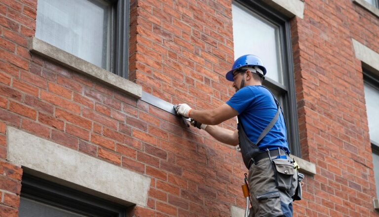 A professional Chicago masonry contractor performing precise tuckpointing work on a historic brick building façade.