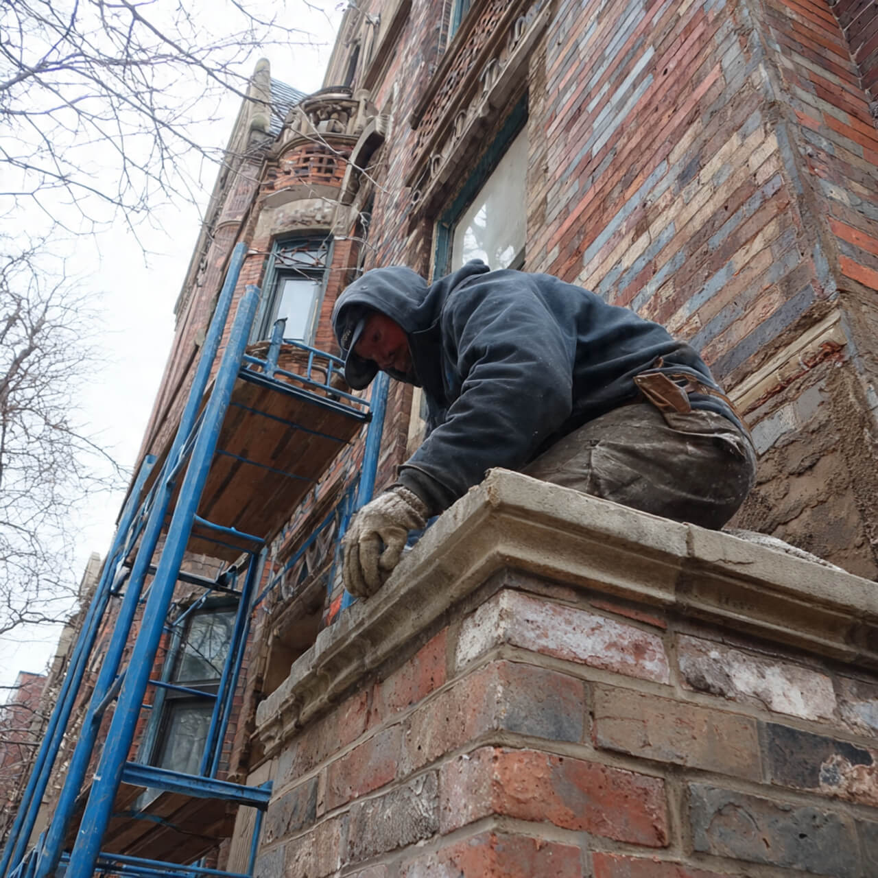 A person works on a brick building with scaffolding
